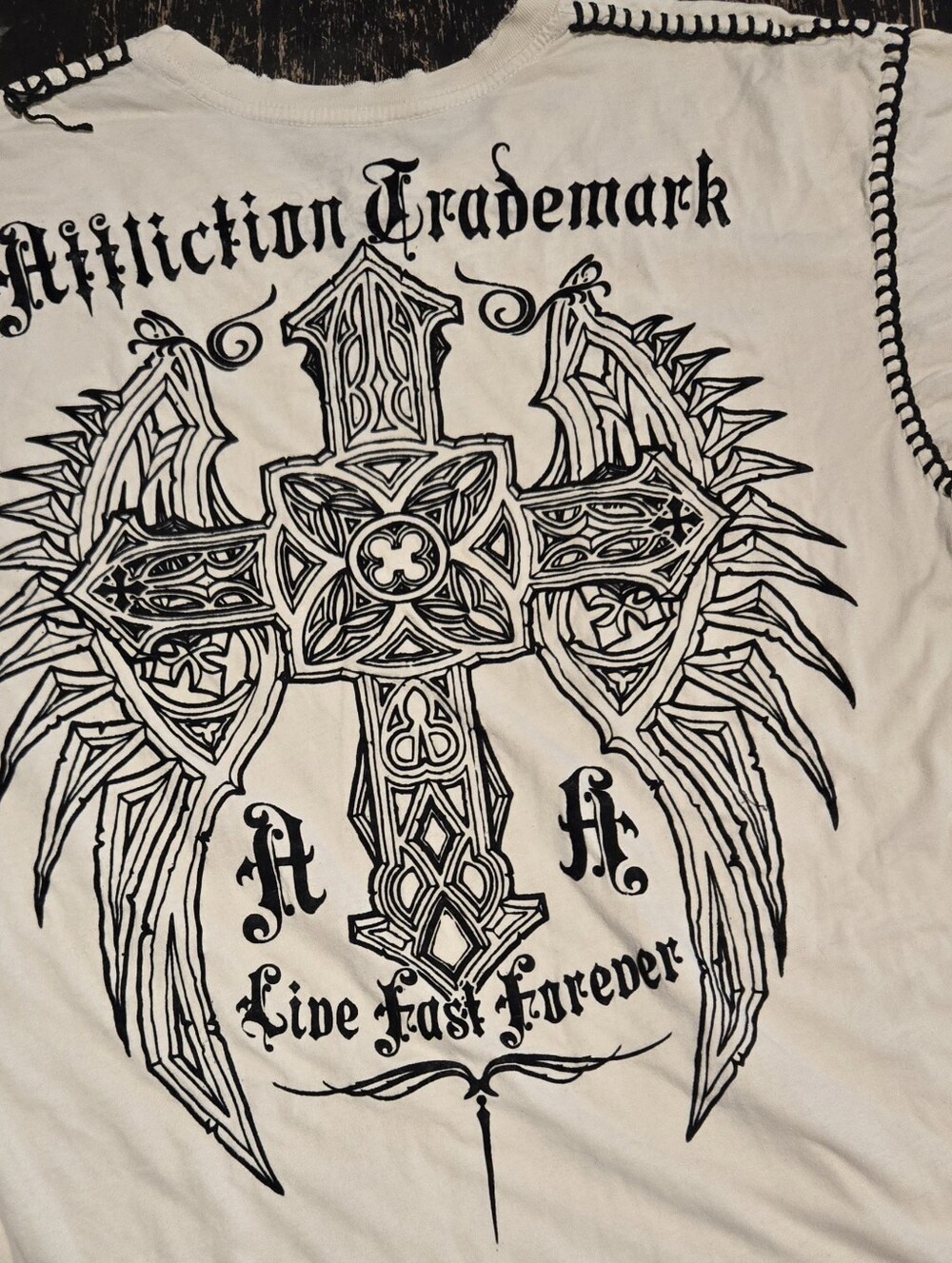 Affliction White Tee with Black Ornate Cross and Wings